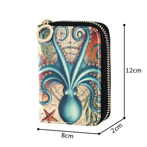 GAIGEO Credit Card Holder RFID Blocking Wallets for Women Small Zip Around Zipper Coin Purse with Key Ring Blue Octopus Sea Art3