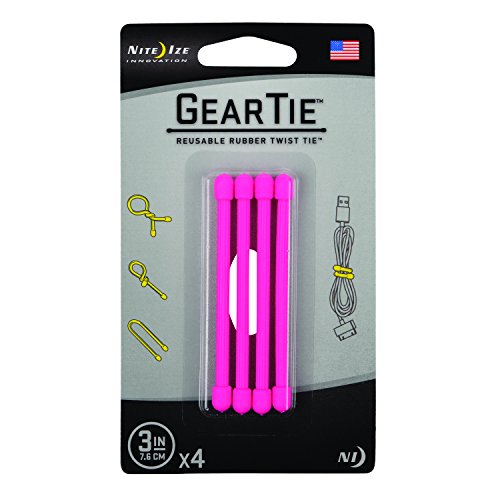 Nite Ize Original Gear Tie, Reusable Rubber Twist Tie, Made in The USA, 3-Inch, Neon Pink, 4 Pack