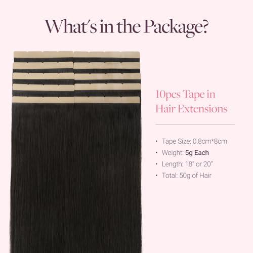 Image of GOO GOO Tape In Weft Hair Extensions Human Hair, 1B Natural Black, 8cm Wide Tape, 14inch 10pcs 50g, Tape Weft Hair Extensions, Seamless Tape in