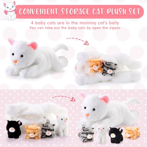 Image of Skylety 5 Pieces Cat Stuffed Animal with Babies Inside Belly Plush Cat Pregnant Mommy Kitty with 4 Cute Fluffy Stuffed Kittens Christmas Birthday Surprise Gifts(White)
