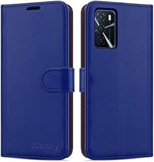 iCatchy for Oppo A16s Case / A54s Case Leather Wallet Book Flip Folio Stand View Magnetic Closure with Card Slots Cover (Blue)