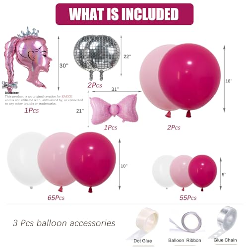 Image of Hot Pink Princess Balloon Arch Kit with Rose Red, Light Pink, Matte White Balloons, Silver Disco Ball, Bows and Crown for Girl Summer Birthday, Coquette Party, Ballerina,Graduation, Baby Shower Decor