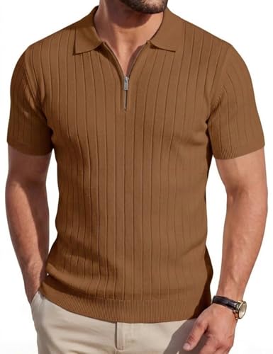 Focixfor Men's Polo Shirts Zip Knitted Short Sleeve Stretch Vertical Striped Golf Casual Tshirt Brown M