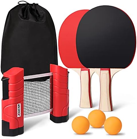 XGEAR Anywhere Ping Pong Equipment to-Go Includes Retractable Net Post, 2 Ping Pong Paddles, 3 pcs Balls, Attach to Any Table Surface, for All Ages