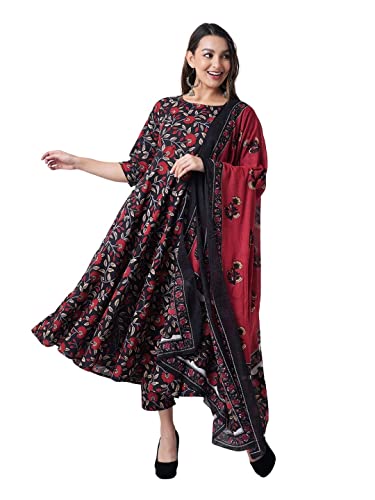 Image of Amayra Women's Rayon Printed Black Anarkali Kurta with Palazzos Pants and Dupatta Set