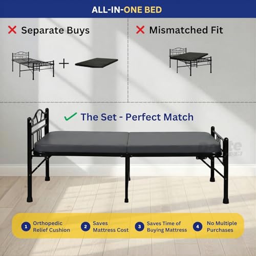Image of DELITE KOM Lyra Foldable Metal Single Bed (6.7x3ft) with Mattress | No Install | 1 Year Warranty | Strong Metal Single Bed, 204.5 cm x 92 cm (6.71 ft x 3.02 ft) (Finish Color - Black