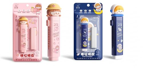 Image of Parshya Cute Kawaii Retractable Eraser Set for Kids & Students | Peach Girl & Space Travel Push-Pull Rubber Pencil Erasers with Refills | Fun School Supplies & Party Favors