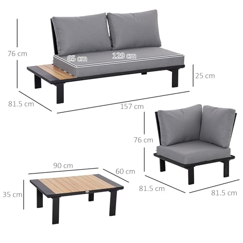 Outsunny 4 Pieces Aluminium Garden Furniture Sets with Thick Padded Cushion, 5 Seater Outdoor L Shape Corner Sofa Conversation Set, w/Coffee Table and Sofa Side Table for Patio, Deck, Dark Grey - Image 7