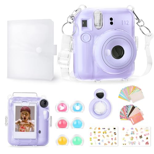 Rieibi Accesorios para Fujifilm Instax Mini 12, incluye funda transparente con correa, álbum de fotos, espejo selfie, calcomanías de bricolaje y filtros de color