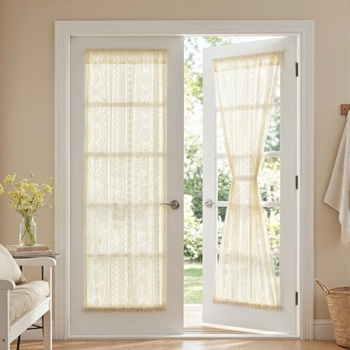 Image of MYSKY HOME Beige Lace French Door Curtains 72 inch Long 2 Panels Boho Sheer Floral Curtains for Door Window Scalloped Doorway Sidelight Curtains Come with 2 Matching Tie-Backs, 26 inch Wide Each Panel