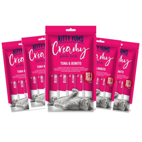 Kitty Yums Kitten & Adult Creamy Lickable Cat Treat (75g x 5 Pouches) Total 375g | Tuna & Bonito Flavour | Creates a Better Bond | Antioxidants Boost 