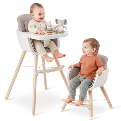 Image of Mallify 3-in-1 Wooden High Chair, Convertible High Chairs for Babies and Toddlers, Baby Highchair with Adjustable Legs & Dishwasher-Safe Tray, Sleek Hardwood & Premium PU Cushion, Pink