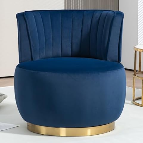 LuxyHoom Swivel Barrel Chair, Blue Velvet Modern Accent Chair, Round Upholstered Comfy Side Chair, Sherpa Chair with Gold Base for Nursery, Living Room, Bedroom, Office, Waiting Room, Hotel, Blue Cover