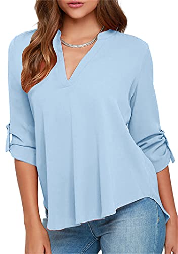 YMING Women's Chiffon Blouse Casual Shirt Top Roll Up Sleeve Blouse Sky Blue XS