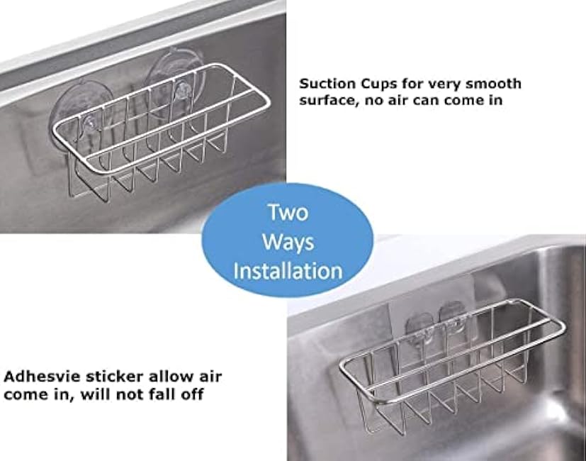 Sink Caddy Sponge Holder for Kitchen Sink Dish Cloth Hanger 2 Suspension Options(Suction Cups and Adhesive Hook), SUS304 Stainless Steel, Silver
