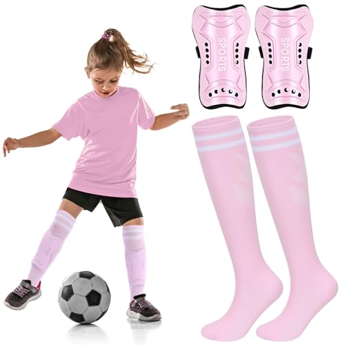 Syhood Soccer Shin Guards with Socks for Kids Age 3-15, M Size, Light Pink