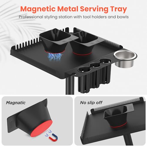 TASALON-Rolling-Salon-Tray-on-Wheels-Metal-Hairstylist-Tray-Rolling-Cart-for-Hair-Salon-Station-with-2-Magnetic-Hair-Color-Bowls-Salon-Trolley-Cart-with-Holder-and-Hair-Separator-Stand