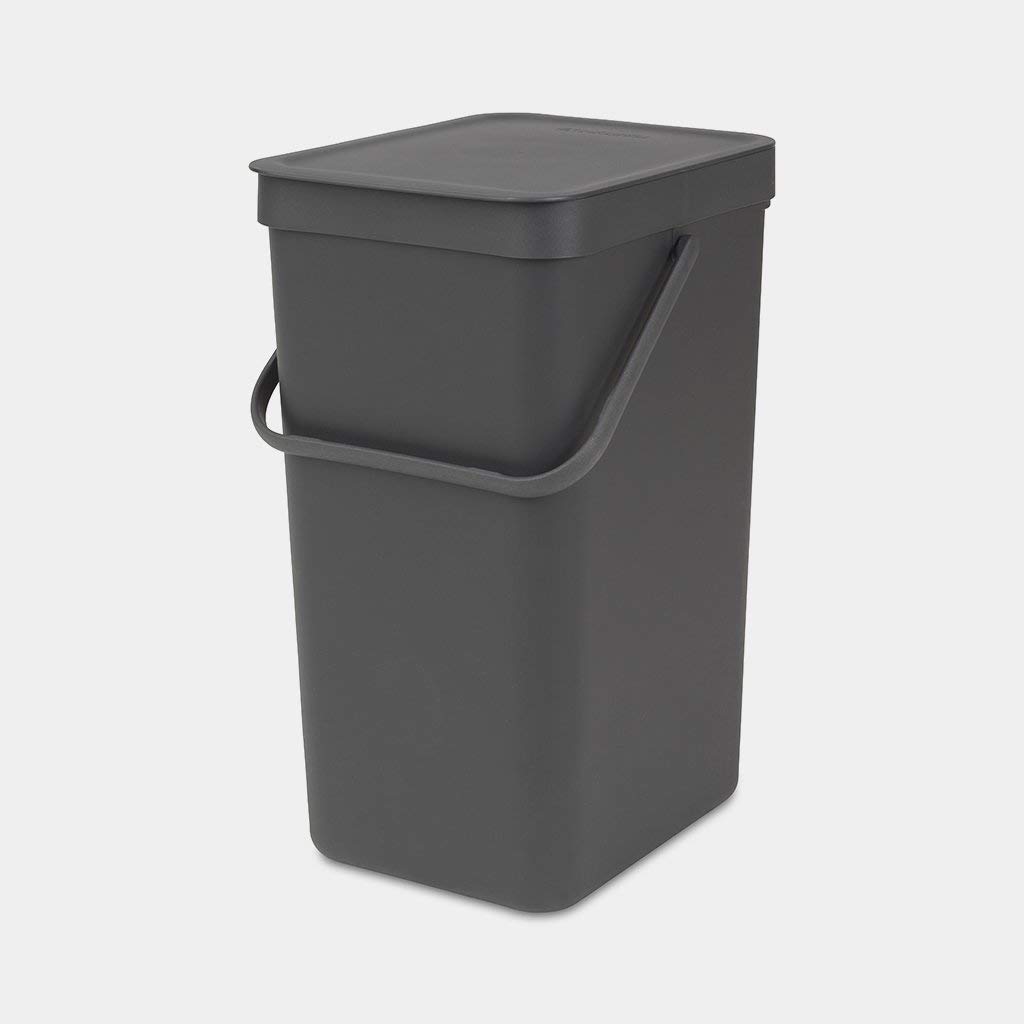 Brabantia Sort & Go Recycling Trash Can 4.2 Gallons (16L)(Gray), Space-Efficient Plastic Garbage Can with Handle, Removable and Stay-Open Lid, Easy to Clean Kitchen Bin without Nooks and Rims