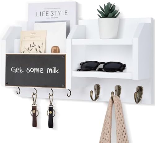 Lwenki Mail and Key Holder – Wall Mount Key Hanger with Shelf and 7 Metal Hooks – Decorative Natural Paulownia Wood Entryway Organizer with Mounting Hardware (16.5”W x 8.7”H x 3.5”D) (White)