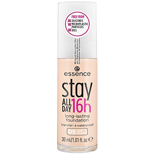 essence stay ALL DAY 16h long-lasting Foundation, Make Up, wischfest, wasserfest, Nr. 05 Soft Cream, nude, langanhaltend, mattierend, weichzeichnend, matt, vegan, ölfrei, wasserfest (30ml)