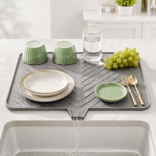 Image of CooRug Silicone Dish Drying Mat for Kitchen - Built-in Drain Lip | Hygienic Drying Pad - Sturdy Compact Easy to Clean Tray Protects Surfaces Prevents Water Build Up - 40 X 30 Cm (Grey)
