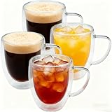 Roellgs Doppelwandige Glasbecher für Heißgetränke mit Griffen, 2 x 350 ml Klarglas-Kaffeetassen, doppelt isolierte Latte-Tassen, heiße Schokoladengläser, Macchiato, Cappuccino (2, groß)