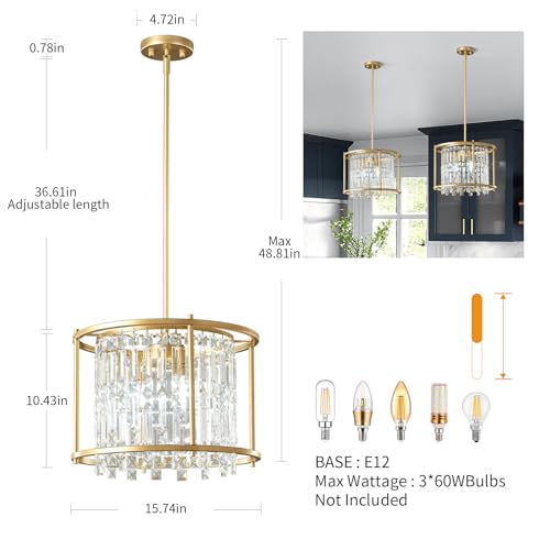 Image of LMQNINE Modern Foyer Chandelier, Gold Crystal Chandelier Entryway Pendant Light Fixture, Round Adjustable Height Chandeliers for Kitchen Island, L15.74'' x H10.43''