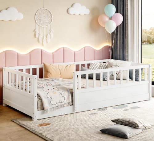 Bellemave Twin Floor Bed with Full-Length Horizontal Safety Fence, Solid