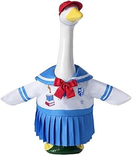 개학기 구스 의상, 58.4cm(23인치) 현관 잔디 거위 조각상, 레드 캡이 있는 귀여운 블루 화이트 드레스, 플라스틱 시멘트 거위 오리를 위한 교복 옷, 야외 마당 파티오 장식 코스튬