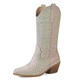 CIERWS Women's Rhinestone Cowgirl Boots Mid Calf Medium Heel Rhinestone Cowboy Boots For Women