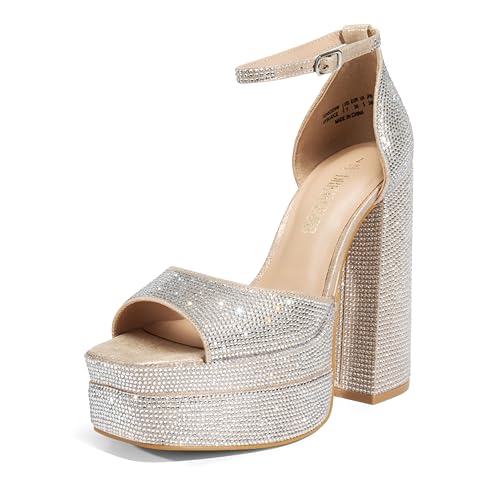 DREAM PAIRS High Heels Chunky Block Platform Heels for Women Ankle Strap Sexy Open Square Toe Heels Dressy Pumps Sandals,Size 9.5,Rose Gold-Rhinestone,SDHS2324W