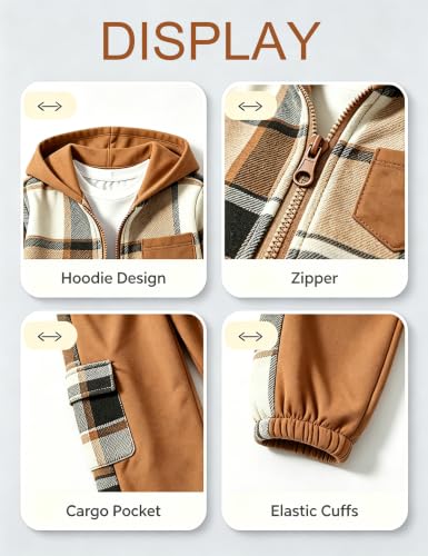 Image of Toddler Boy Clothes Plaid Hooded Shirt White T-shirt Top and Solid Color Pants 3Pcs Winter Boys Clothes