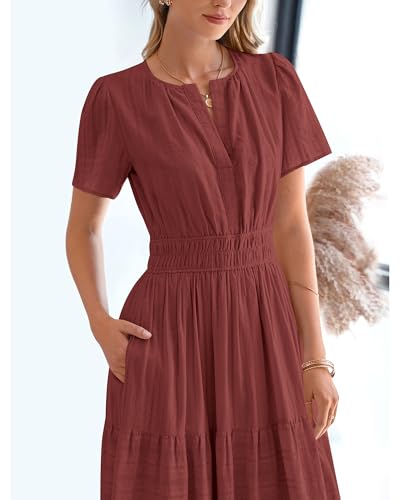 BTFBM Womens Summer 2026 Casual Midi Maxi Dresses Lightweight Short Sleeve V Neck Elastic Waist Boho Beach Dress Pockets(Brown Red, Large) — view 6