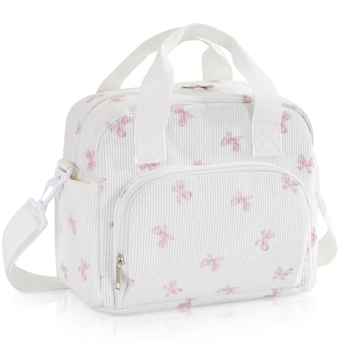 UUYUUY Large Lunch Bag for Women Insulated Lunch Box Reusable Cooler Bag Portable Cute Corduroy Leakproof Tote Bags for Travel, Work, and Picnic, Pink Bow