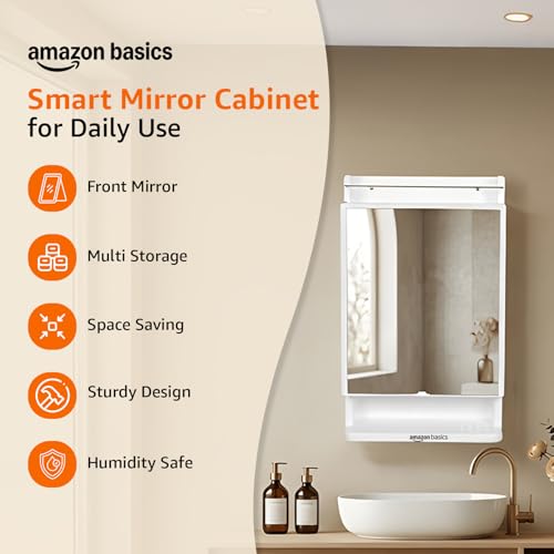Image of Amazon Basics CleanLook Premium Wall Mounted Plastic Bathroom Mirror Cabinet with Storage, Multipurpose Organizer for Toiletries & Essentials, White