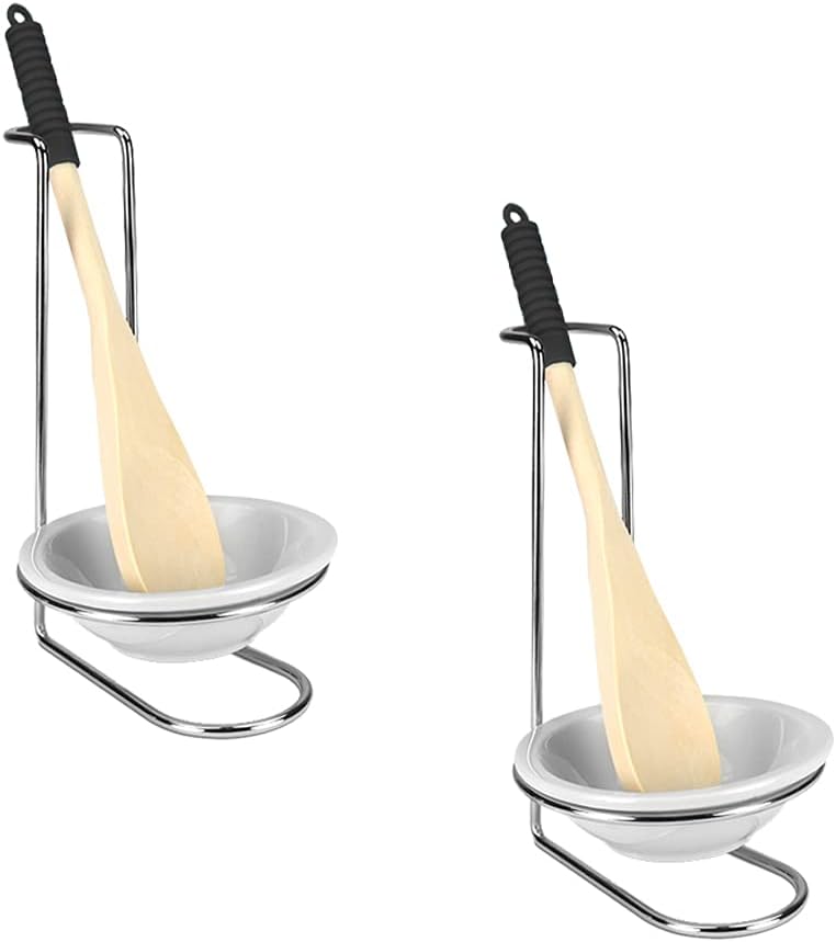 Home Basics Standing Spoon Rest with Ceramic Tray and Wooden Spoon, Spatula, Ladle Rest for Kitchen Countertops, Stove, Chrome (2, Ceramic)