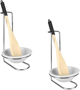 Home Basics Standing Spoon Rest with Ceramic Tray and Wooden Spoon, Spatula, Ladle Rest for Kitchen Countertops, Stove, Chrome 2, Ceramic