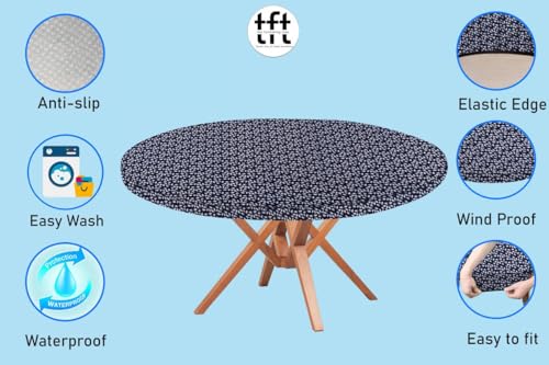 Image of The Furnishing Tree Round Elastic Fitted Dining Table Cover WxL 40x40 Inches Leaf Pattern Blue