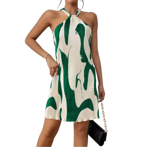 LIGHT DOT Women's Summer Dress Printed Halter Neck Mini Casual Pleated Sundress Party Date Vacation (Green, S)