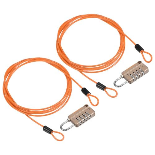 Image of PATIKIL Security Steel Cable with 4 Digit Combination Lock, 2 Set 6.6Ft Coated Safety Wire Rope Double Loop Padlock for Outdoor Travel Luggage, Yellow