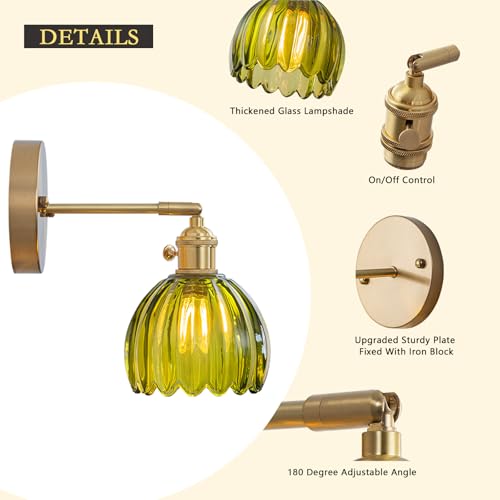 Image of Vintage Wall Sconces Wall Mounted Lights with Emerald Green Tulip Glass Lampshade Brass Sconces Hardwired 180 Degree Adjustable Modern Wall Lighting Fixture with Switch for Bedroom Bedside