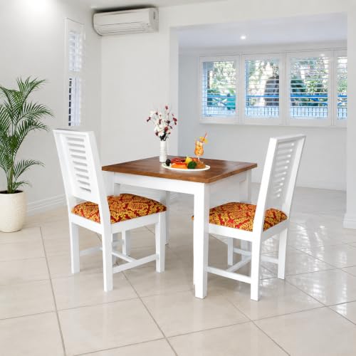 Image of Wooden 2 Seater Dining Table Set for Home & Kitchen | White and Walnut Finish Dining Set with 2 Cushioned Chairs | Table Size 34 x 30 x 29 Inches | Chair Size 17.5 x 17.5 x 38 Inches