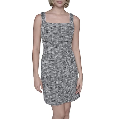 KARL LAGERFELD Paris Women's Sleeveless Square Neck Metallic Knit Tweed Sheath Mini Dress, Black/Soft White Multi, 8