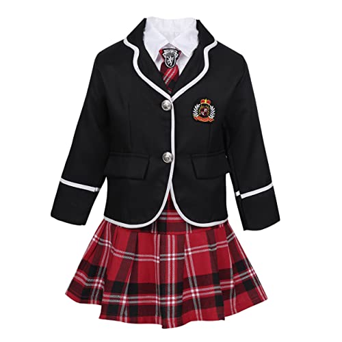 Mufeng Enfant Fille 4 Pcs Uniforme Scolaire Britannique Enfant Costume de Performance Musical Déguisement de Danse Vêtement High School Chemise Veste Jupe Cravate 4-14 Ans Noir 10-12 Ans Cover