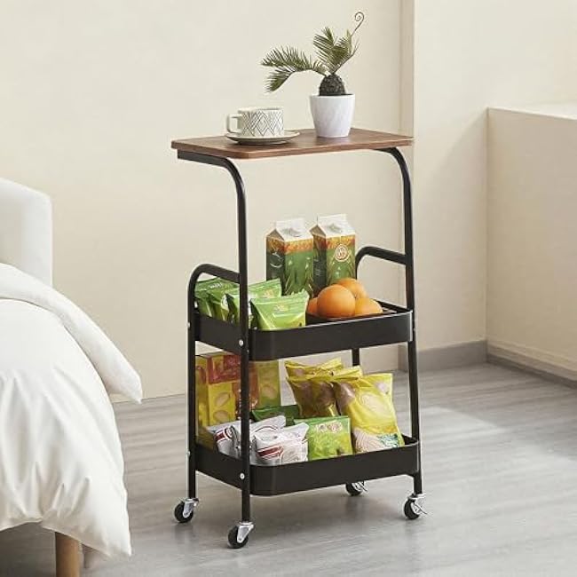 Rolling Cart with Wooden Tabletop, Multi-Layer Bathroom with Table Mobile Rack£¬Bathroom Snack Kitchen Storage Rack, uitable for Bedroom, Living Room and Office(Black)-ZCT1uoSi