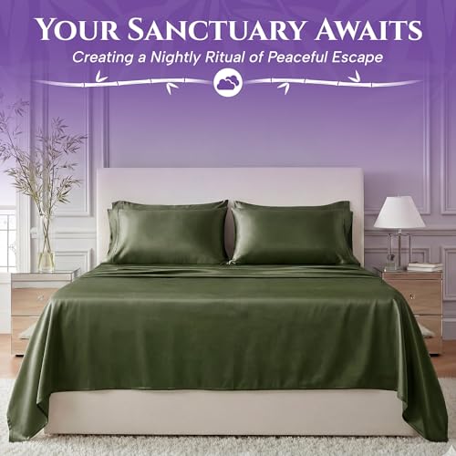 SLEEP SANCTUARY 100% Viscose Derived from Bamboo Sheets Queen Size 6pcs – BamBliss Luxury Cooling Sheets for Hot Sleepers - Cloud Soft, 17" Deep Pocket, Ultra Durable Bed Set (Olive) — view 4