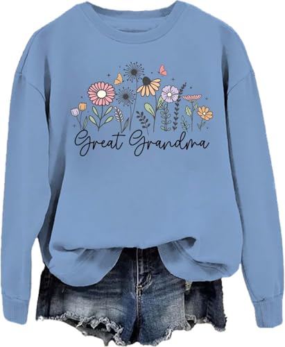SJZJS Great Grandma Sweatshirt Great Grandma Shirt Flowers Graphic Crewneck Long Sleeves For Women Men Sky Blue