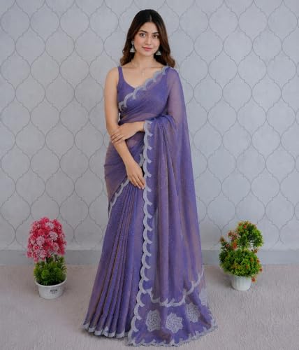 Image of Chiffon Satin Saree for Women with C Pallu PP Siroski Diamond Work, Cutwork Border & Matching Blouse Saree for Wedding, Festive and Traditional Occasions