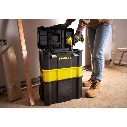 STANLEY Essential Rollende Werkstatt (3-in-1 stapelbare Boxen, leerer Werkzeugkasten, belastbar bis zu 20kg, mit Metallverschlüsse, Organizer für Kleinteile im Deckel) STST1-80151