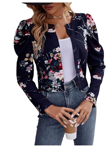 OYOANGLE Women's Floral Print Gigot Long Sleeve Open Front Jacket Lightweight Cropped Outwear
